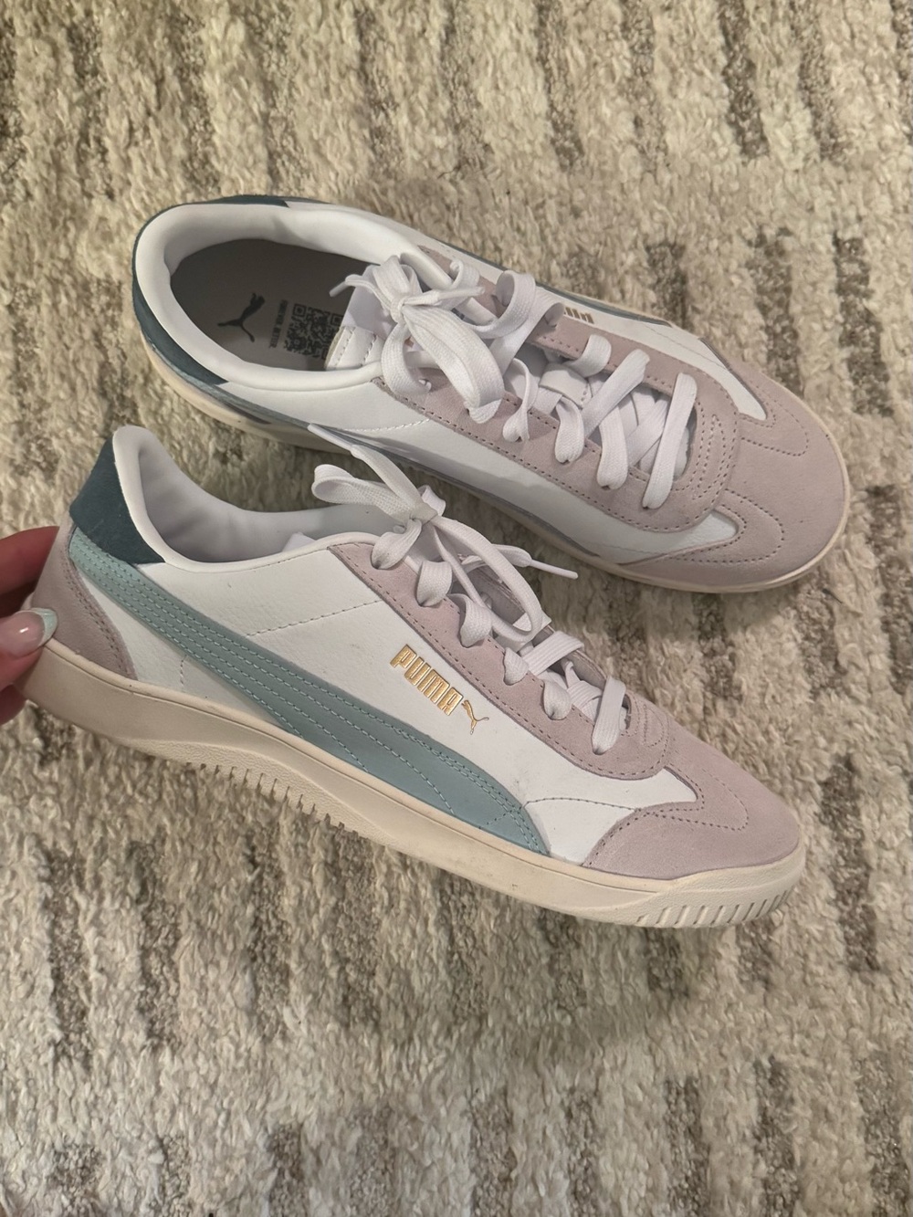 Puma Women’s Pastel Pink Suede & Light Blue Stripe Sneakers